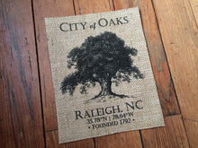 North Carolina "City of Oaks - Raleigh NC" Burlap Art Print