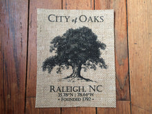 North Carolina "City of Oaks - Raleigh NC" Burlap Art Print