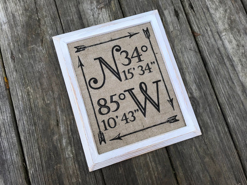 Personalized Longitude Latitude Coordinates Burlap Sign