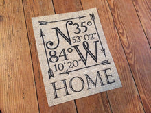 Personalized "HOME" Coordinates Burlap Sign