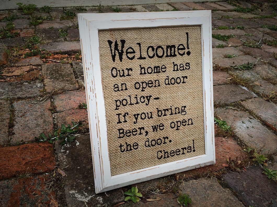 Open Door [Beer] Policy Burlap Print Sign